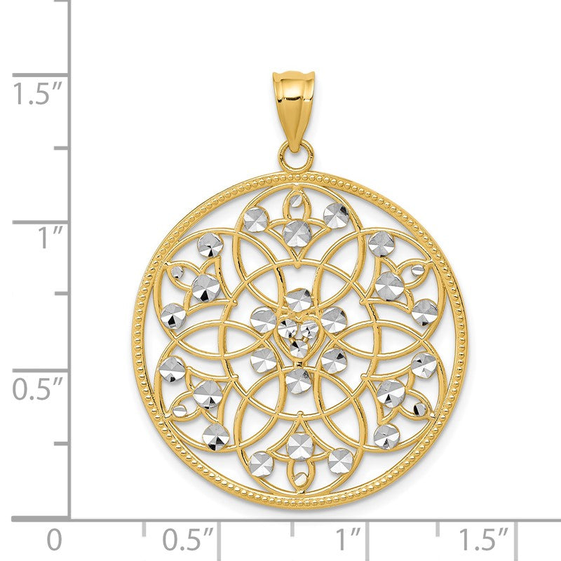 14K and White Rhodium Diamond-cut Circle Pendant K3484