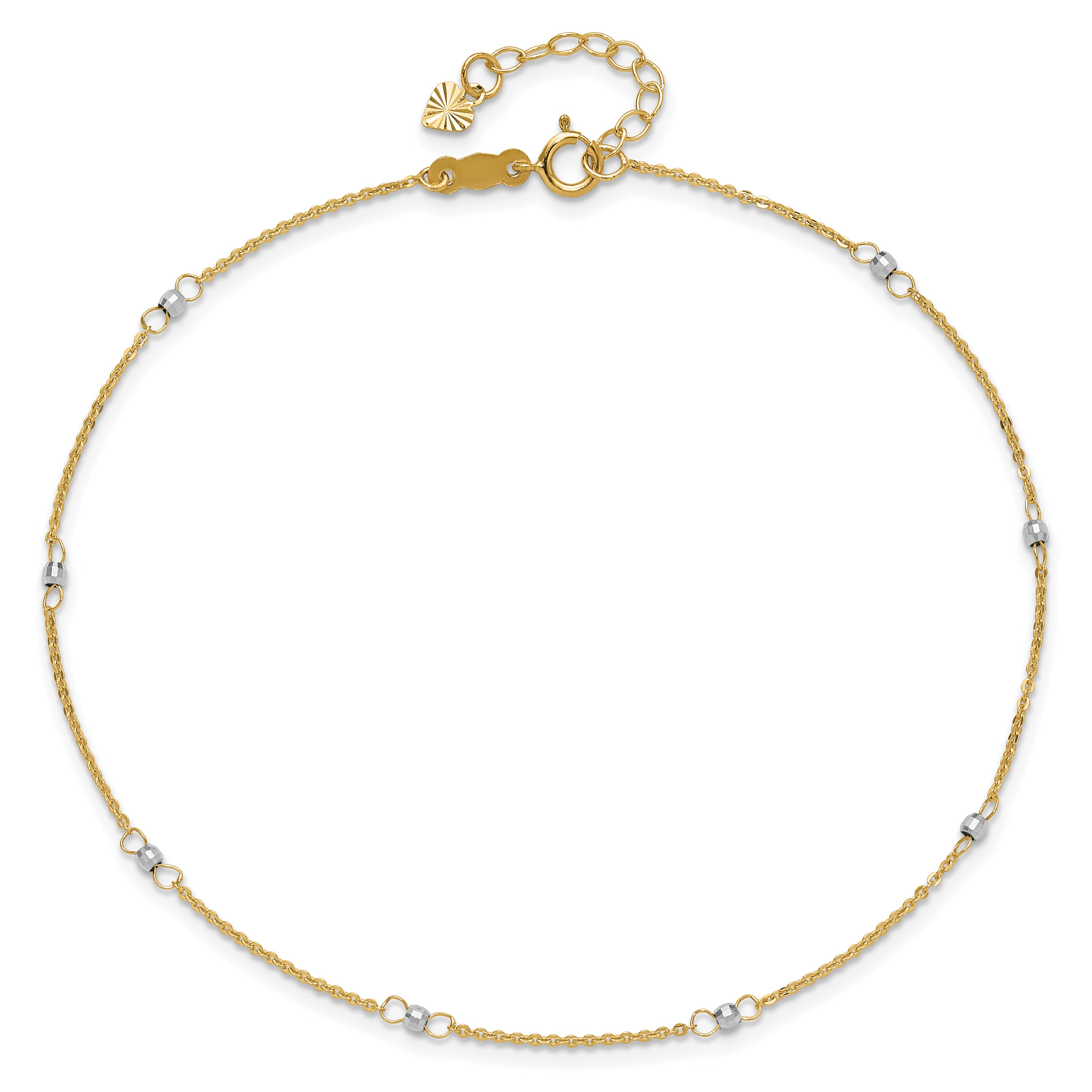 14k Two-tone Cable Chain Mirror Beads 8-Station 9 inch Plus 1 inch Extender - Total 10 inch Anklet ANK264