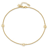 14K Flowers 3-Station with Flower Dangle 10 inch Plus 1 inch Extender - Total 11 inch Anklet ANK306