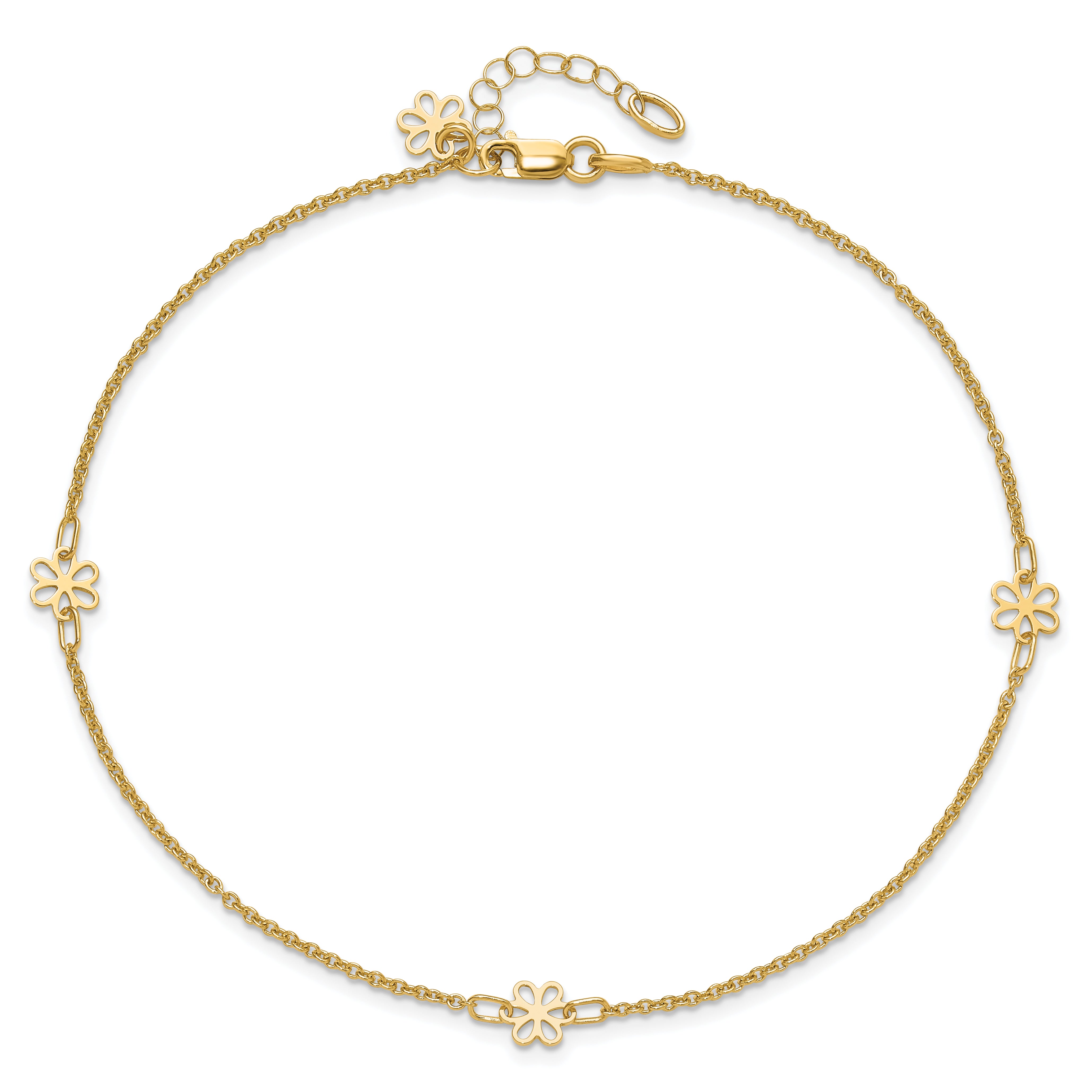 14K Flowers 3-Station with Flower Dangle 10 inch Plus 1 inch Extender - Total 11 inch Anklet ANK306