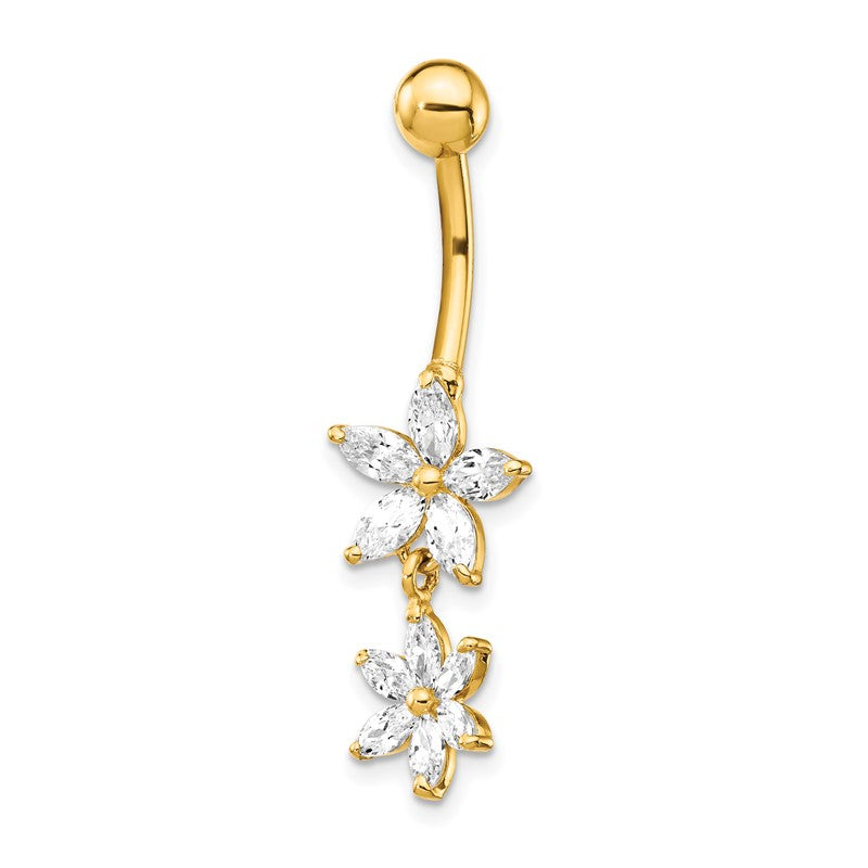 14k 14 Gauge CZ 2-Flower Dangle Belly Ring BD143