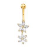 14k 14 Gauge CZ 2-Flower Dangle Belly Ring BD143