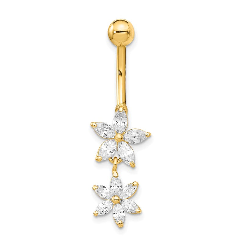 14k 14 Gauge CZ 2-Flower Dangle Belly Ring BD143