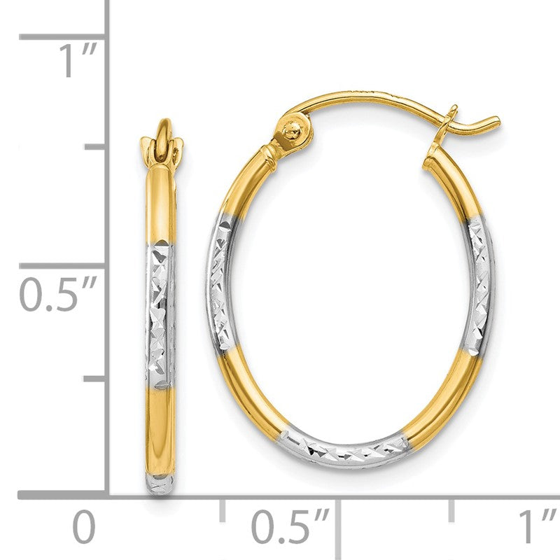 14K w/White Rhodium Diamond Cut Oval Hoop Earrings TL673