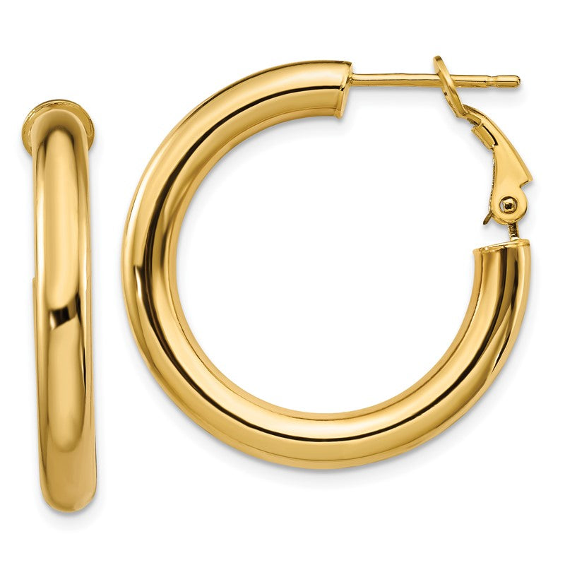 14k 4x28mm Polished Round Omega Back Tube Hoop Earrings PRE927