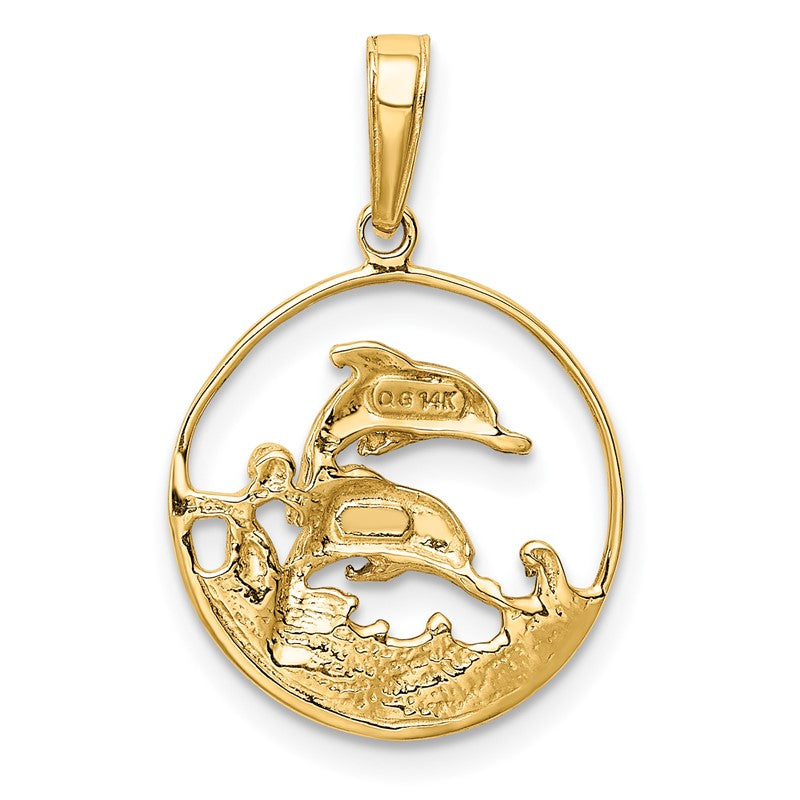 14K and White Rhodium Double Dolphins In Circle Pendant K4186