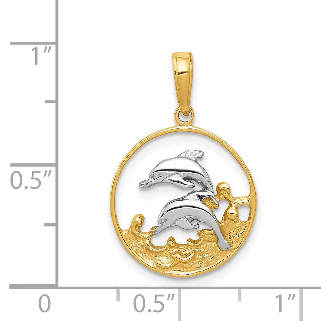 14K and White Rhodium Double Dolphins In Circle Pendant K4186