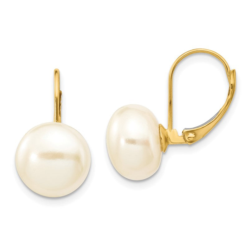 14K 10-11mm White Button Freshwater Cultured Pearl Leverback Earrings XLB159BL