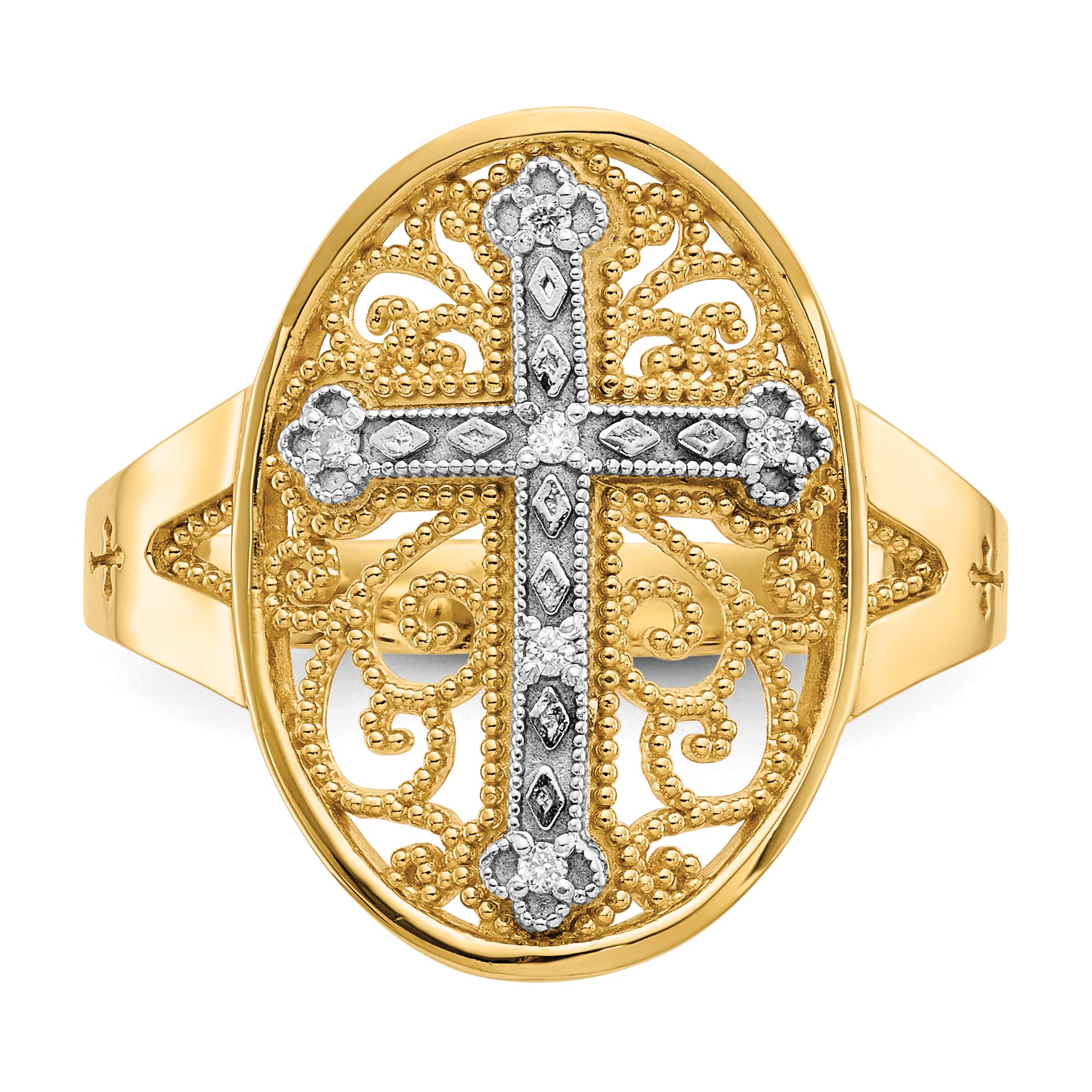 14k Two-tone Diamond Cross in Filigree Oval Ring K5120