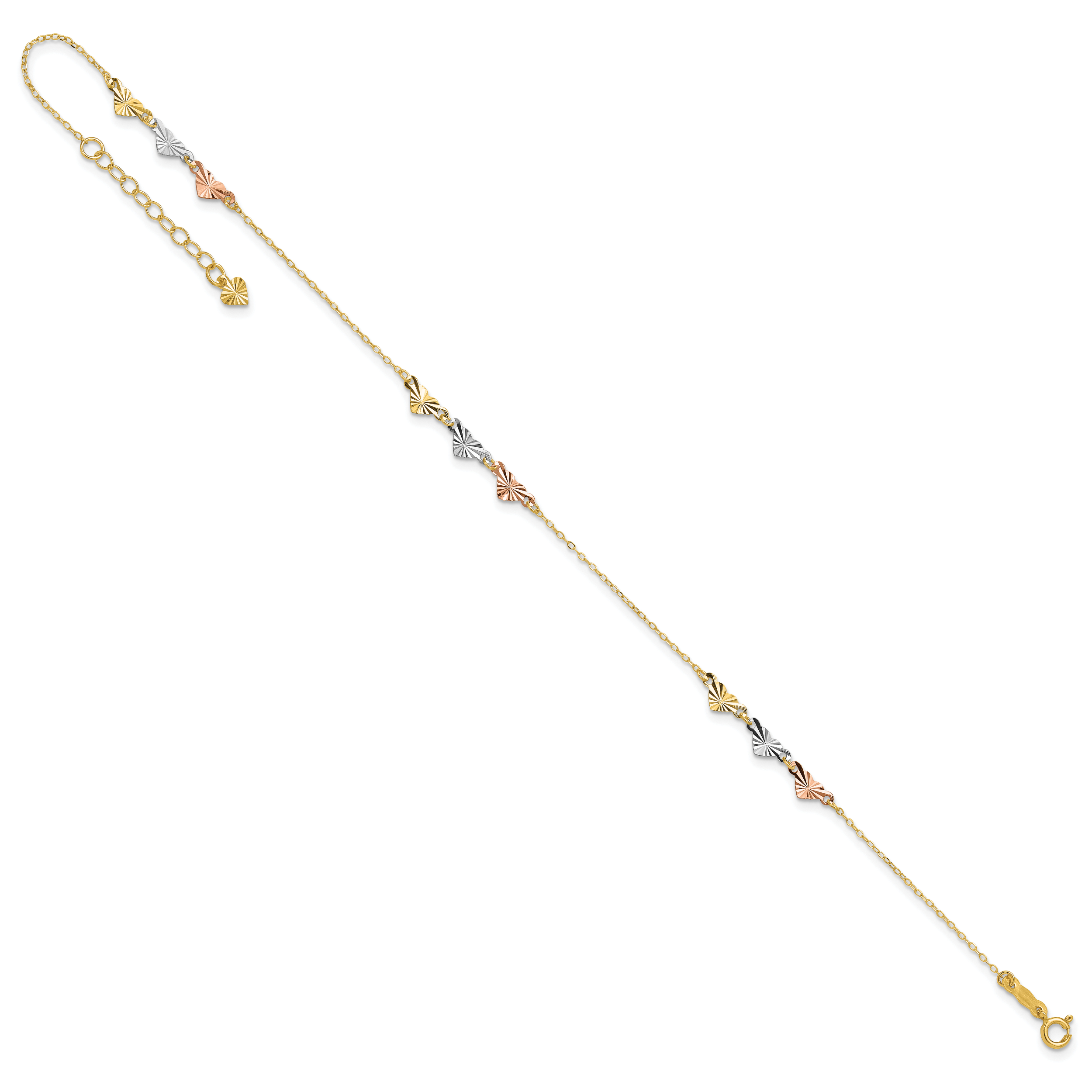 14K Tri-Color Diamond-cut Hearts 9 inch Plus 1 inch Extender - Total 10 inch Anklet ANK175