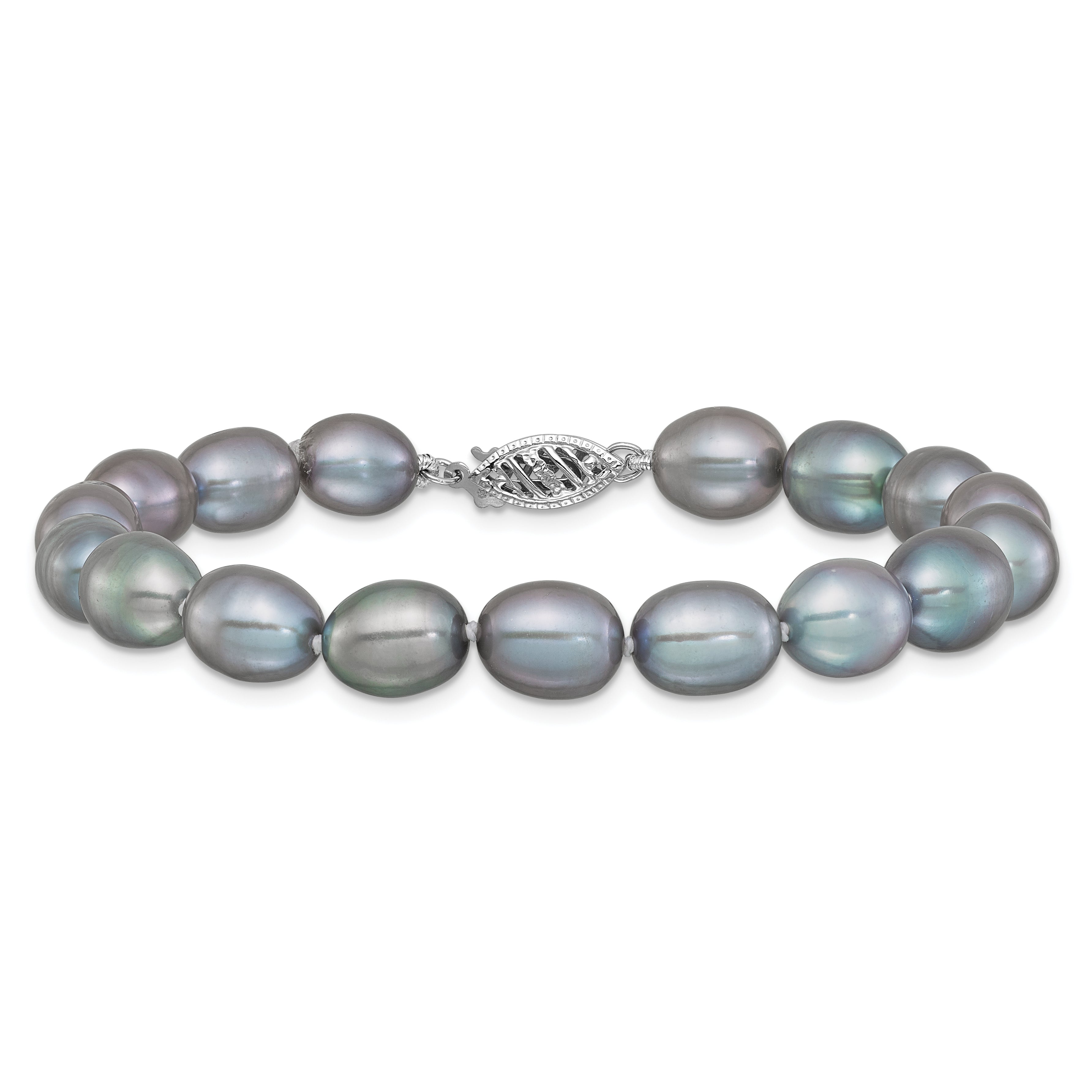 14k White Gold 8-9mm Grey Rice Freshwater Cultured Pearl 16 inch Necklace XF415