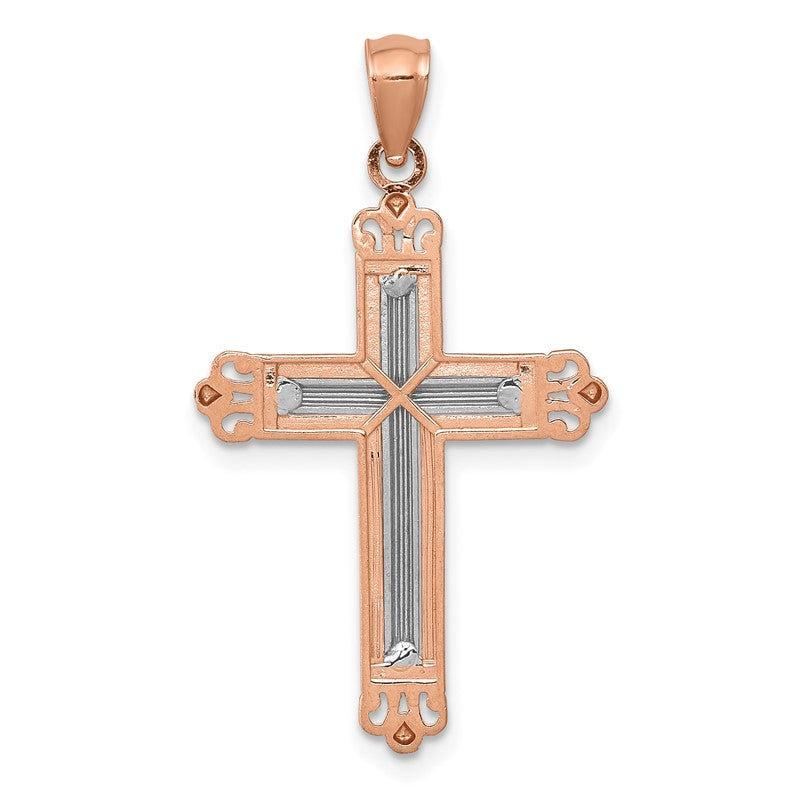 14K Rose Gold and White Rhodium Diamond-Cut Fleur de Lis Cross Pendant D4417