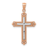 14K Rose Gold and White Rhodium Diamond-Cut Fleur de Lis Cross Pendant D4417
