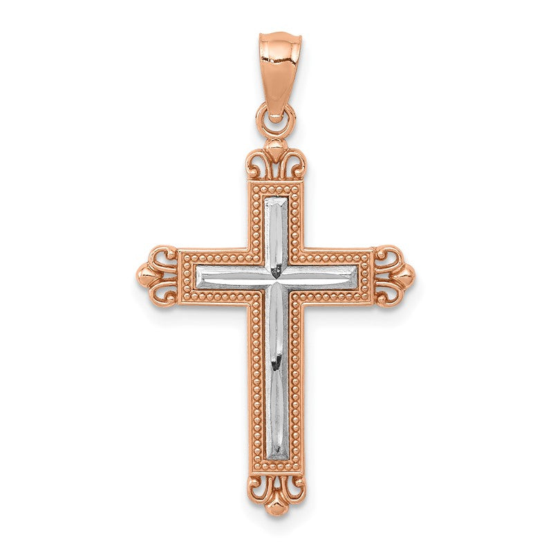 14K Rose Gold and White Rhodium Diamond-Cut Fleur de Lis Cross Pendant D4417