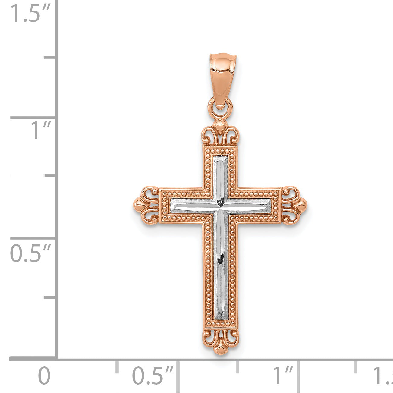 14K Rose Gold and White Rhodium Diamond-Cut Fleur de Lis Cross Pendant D4417