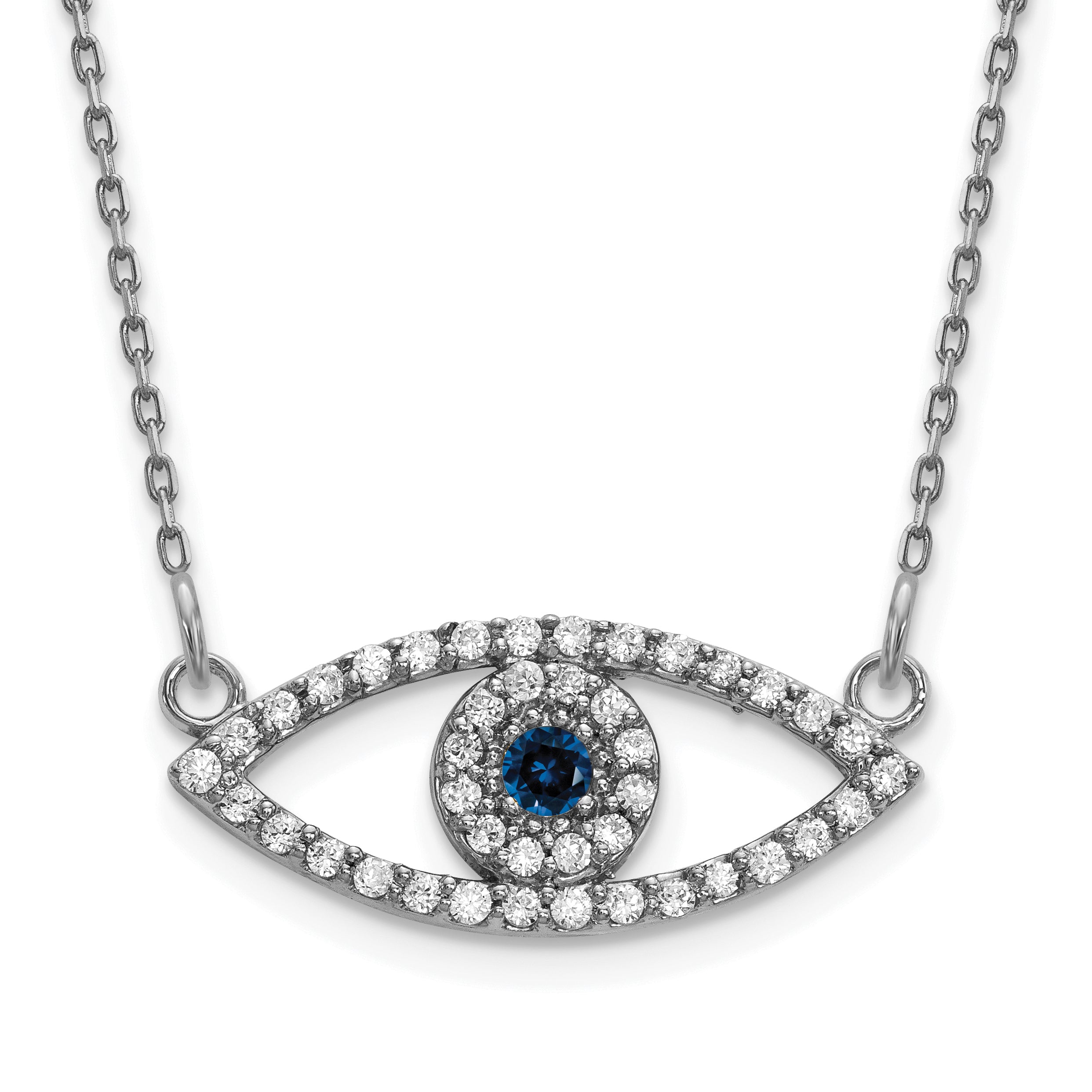 14k White Gold Polished 1/6 carat Diamond and Sapphire Small Evil Eye 18 inch Necklace XP5044WS/A