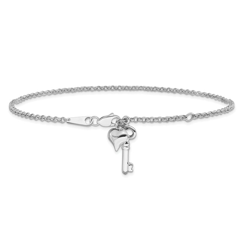 14k White Gold Cable Chain with Puffed Heart and Key Dangle 9 inch Plus 1 inch Extender - Total 10 inch Anklet ANK45