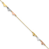 14K Tri-Color Diamond-cut Hearts 9 inch Plus 1 inch Extender - Total 10 inch Anklet ANK175