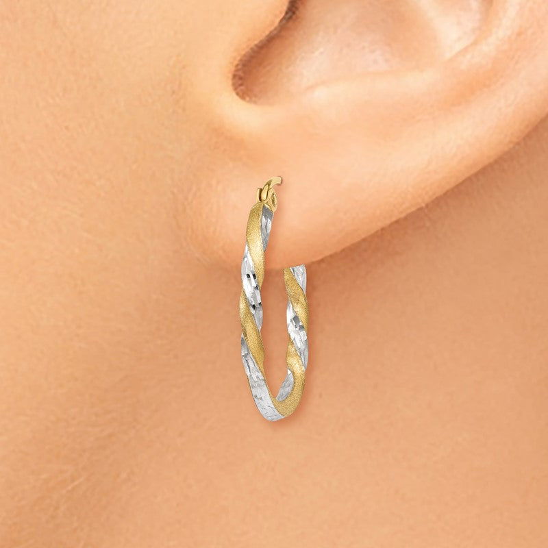 14k & Rhodium Satin Diamond Cut Twisted Hoop Earrings TF743