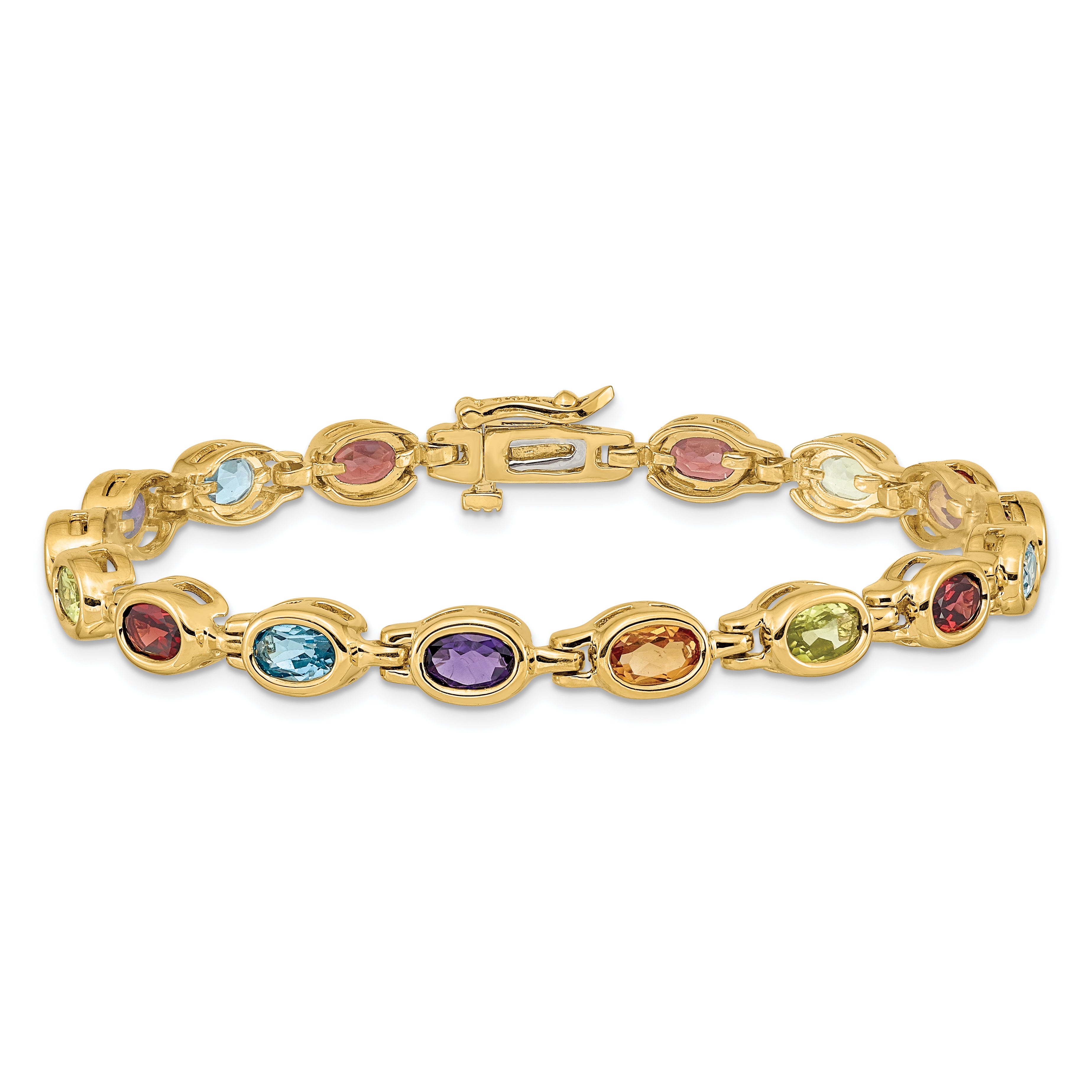 14k Complete Oval Garnet/Peridot/Citrine/Amethyst/Sky Blue Topaz Bezel-set 7 inch Rainbow Bracelet CB698