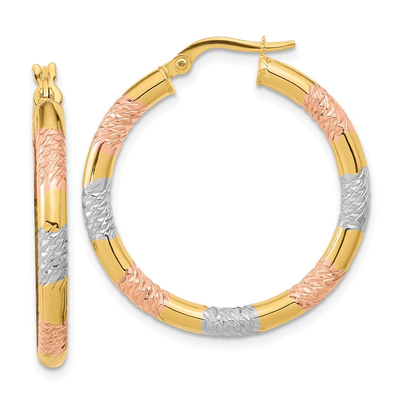 14k with Rose and White Rhodium Diamond-cut 3.0mm Hoop Earrings TF1285