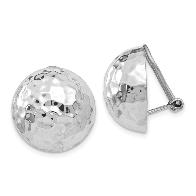 14k White Gold 18mm Hammered Half Ball Omega Back Non-pierced Earrings H893