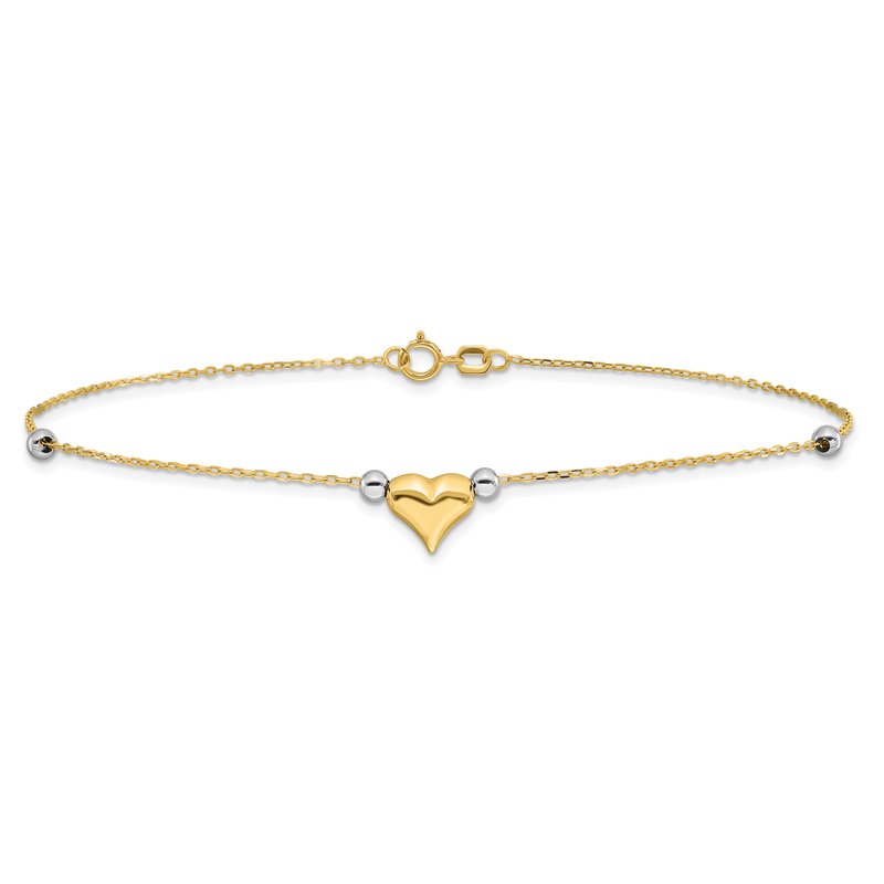 14k Two-tone Polished Puffed Heart with Beads 10 inch Anklet ANK48