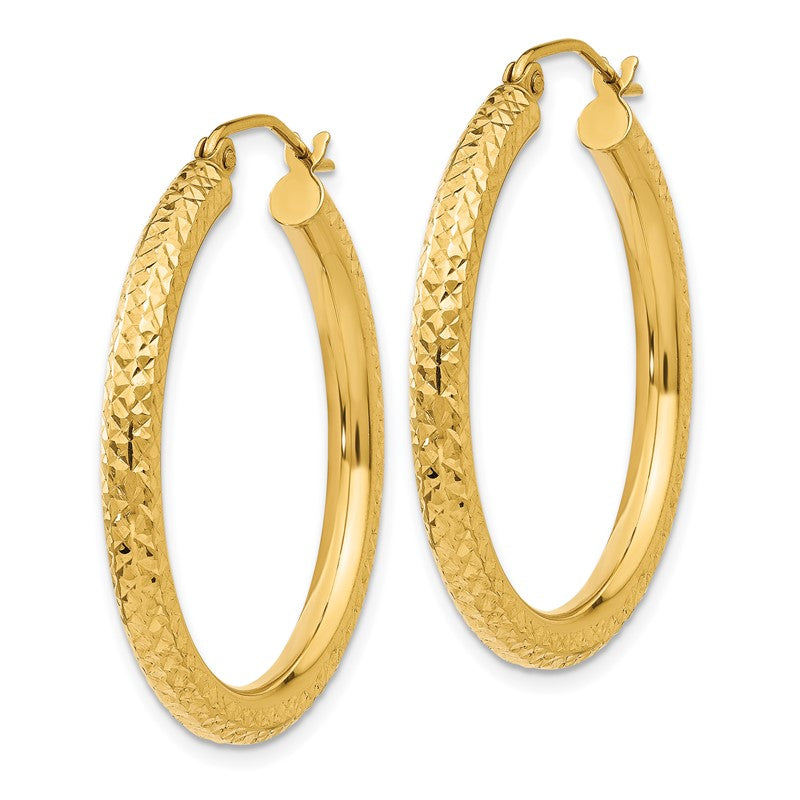 14k 3x30mm Diamond-cut Round Tube Hoop Earrings TC264