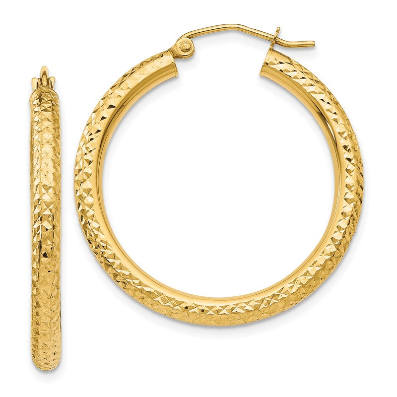 14k 3x30mm Diamond-cut Round Tube Hoop Earrings TC264