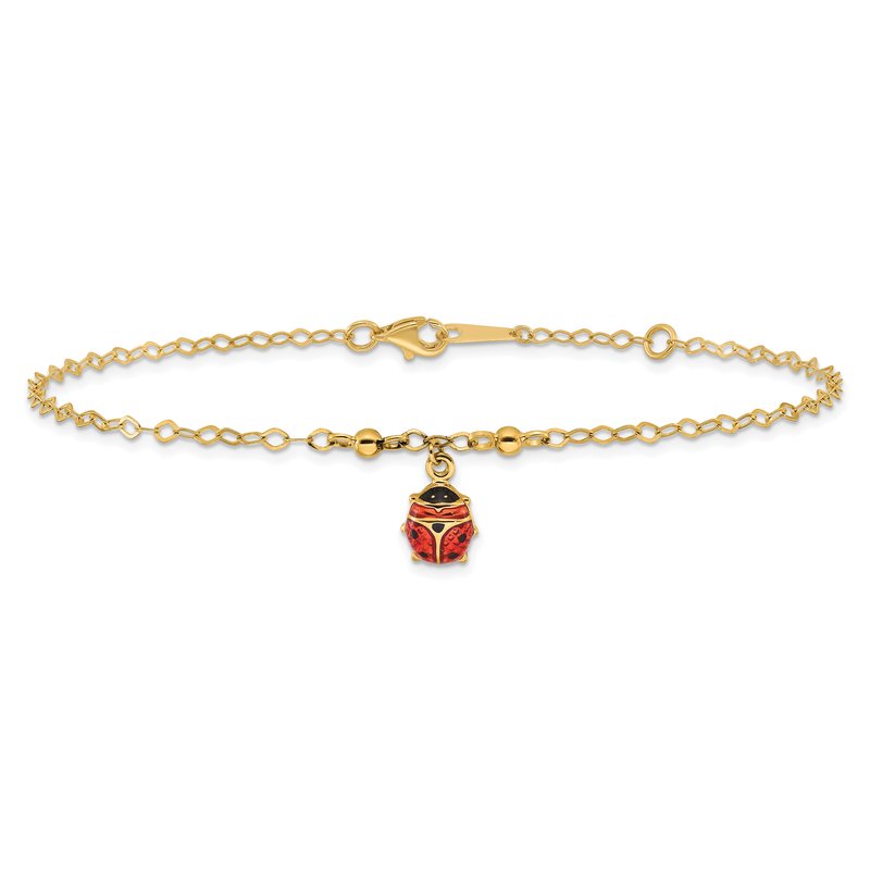 14K Red and Black Enameled Ladybug 9 inch Plus 1 inch Extender - Total 10 inch Anklet ANK197