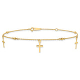 14k Diamond-cut 3 Cross Dangles and Beads 9 inch Plus 1 inch Extender - Total 10 inch Anklet ANK267