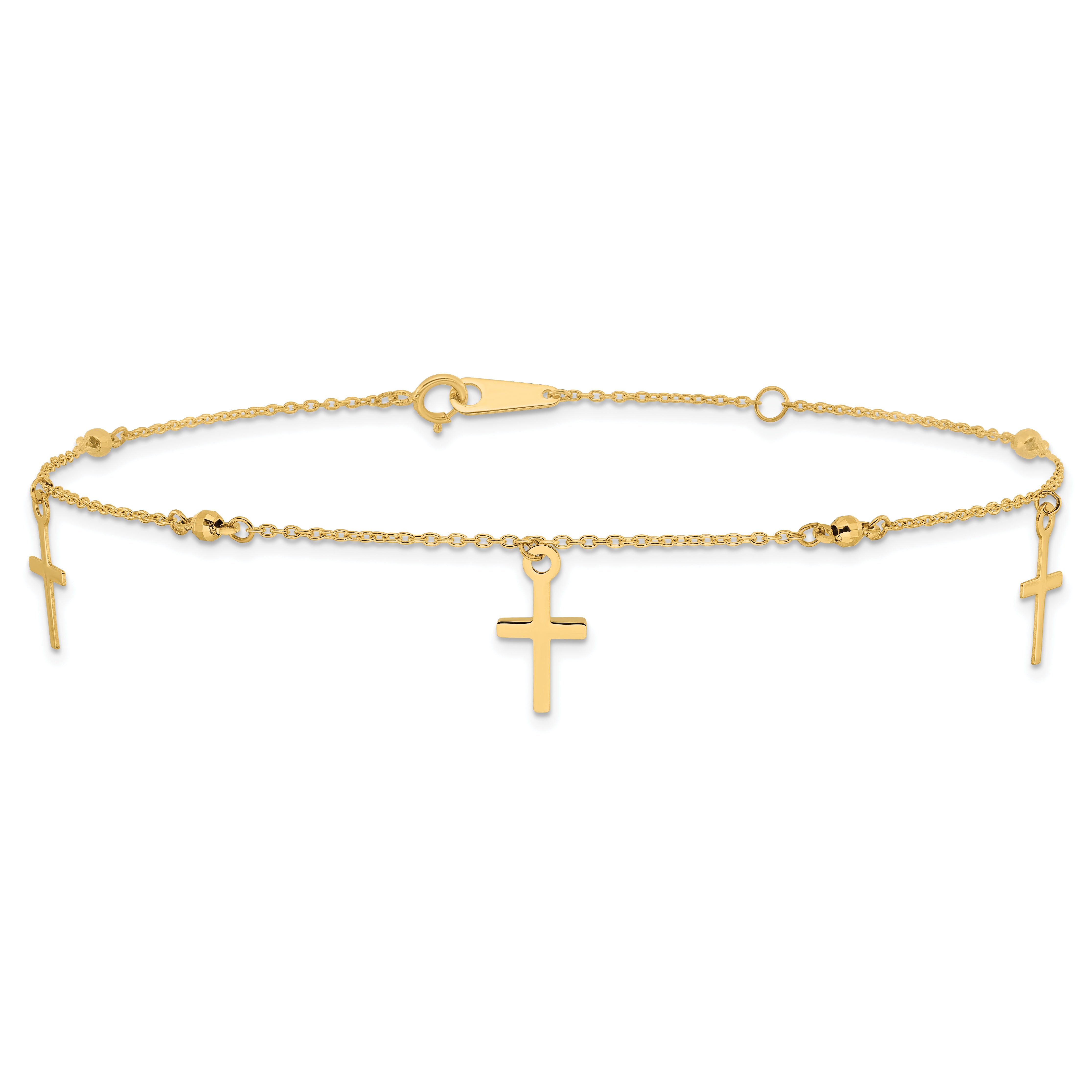 14k Diamond-cut 3 Cross Dangles and Beads 9 inch Plus 1 inch Extender - Total 10 inch Anklet ANK267
