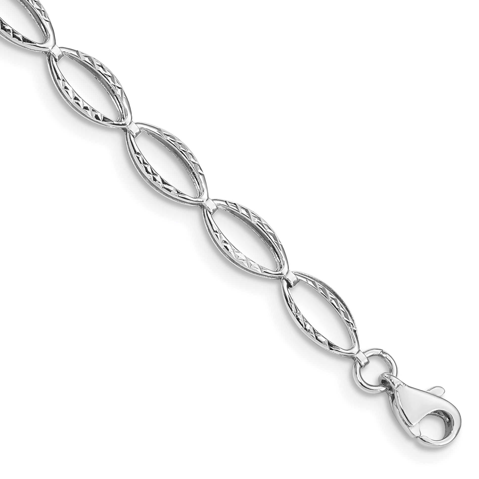 14k White Gold Polished Textured Oval Link 7.25 inch Bracelet FB1333
