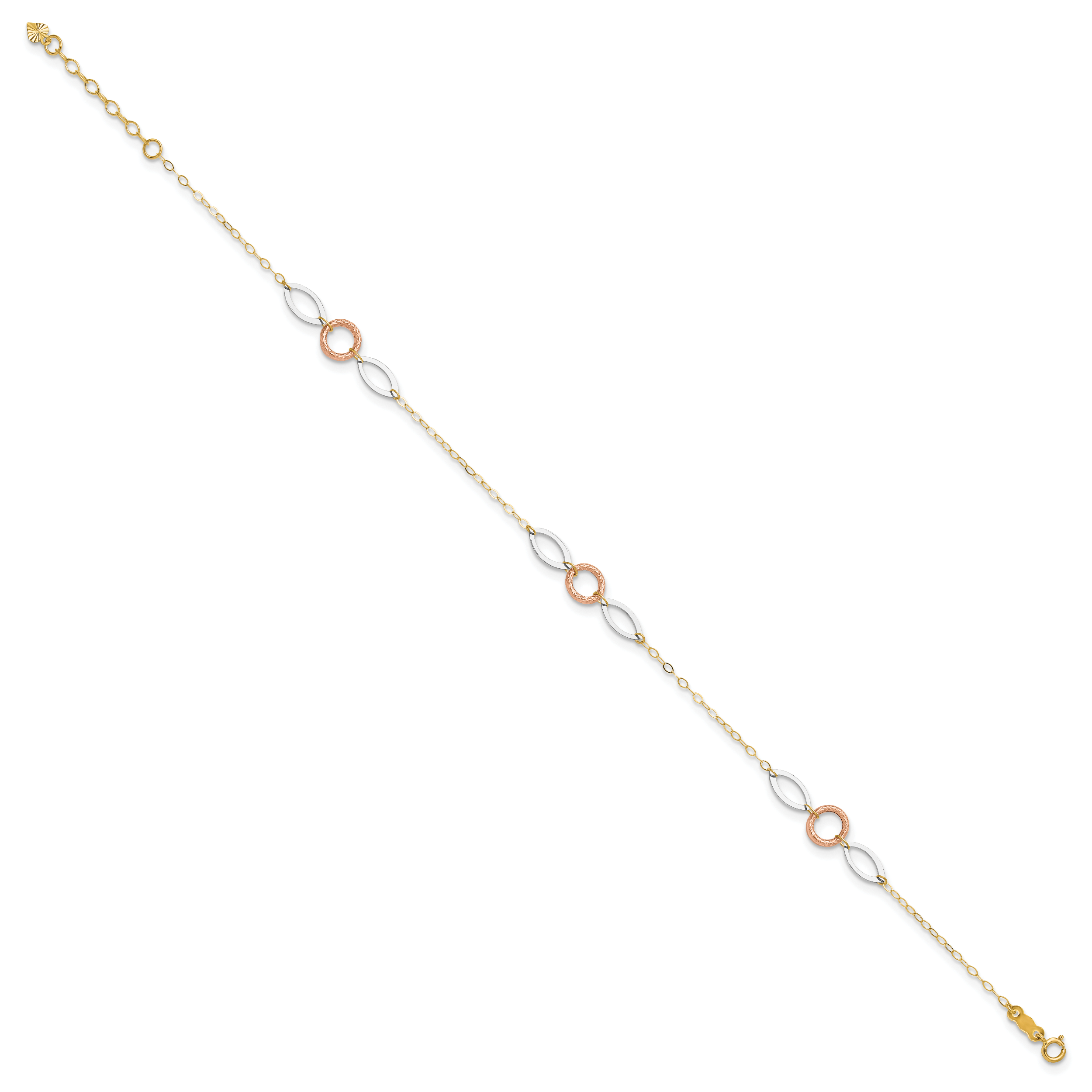 14k Tri-color Circle and Oval 3-Station 9 inch Plus 1 inch Extender - Total 10 inch Anklet ANK222