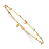 14k Tri-color Diamond-cut Hearts and Beads Slip-on Round Bangle Bracelet DB679