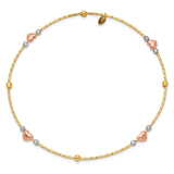 14k Tri-color Diamond-cut Hearts and Beads Slip-on Round Bangle Bracelet DB679