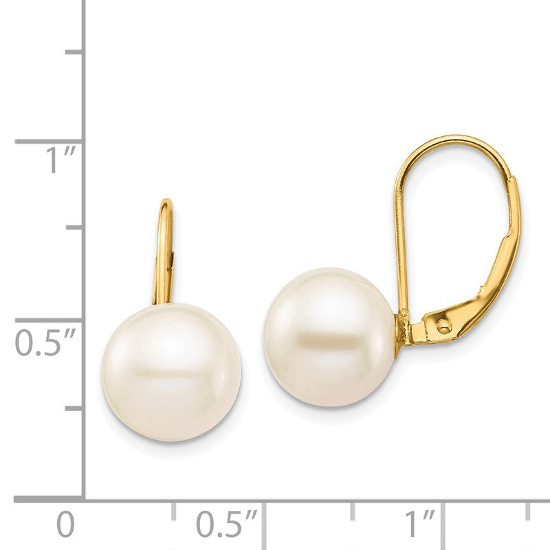 14K 9-10mm White Round Freshwater Cultured Pearl Leverback Earrings XF717E