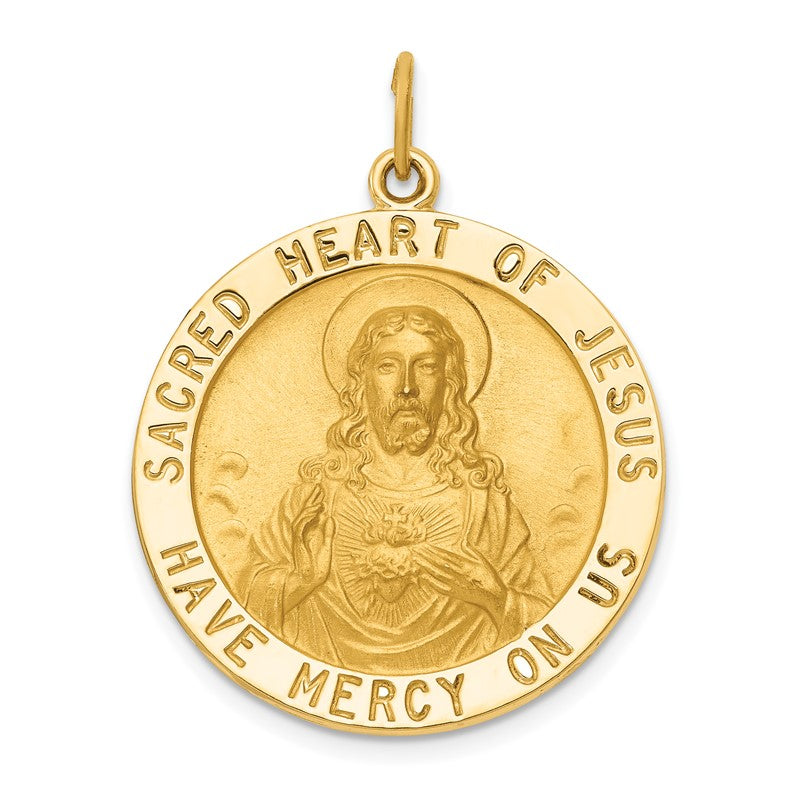 14k Polished and Satin Large Solid Sacred Heart of Jesus Medal Round Pendant XAC221