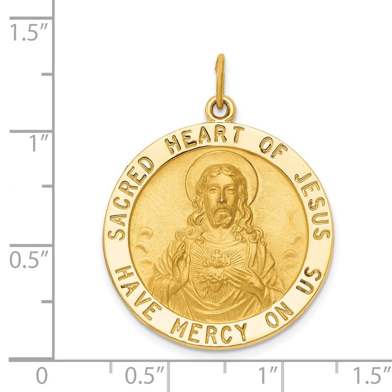 14k Polished and Satin Large Solid Sacred Heart of Jesus Medal Round Pendant XAC221