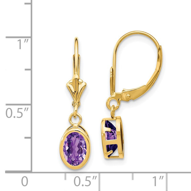 14k 7x5mm Oval Amethyst Bezel Leverback Dangle Earrings XLB106AM