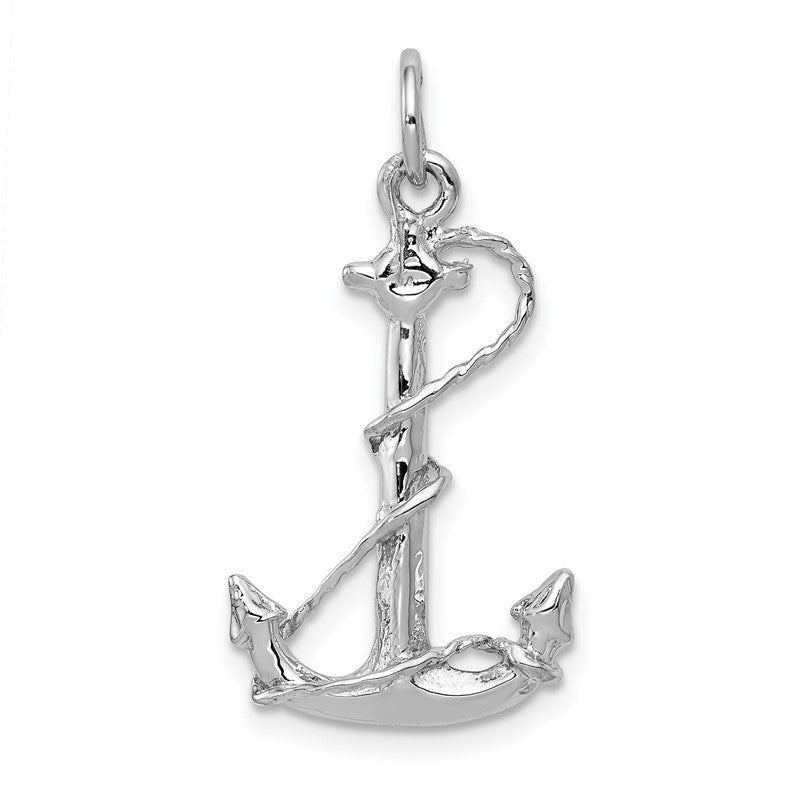 14K White Gold Solid Polished 3-D Anchor with Rope Charm K1059