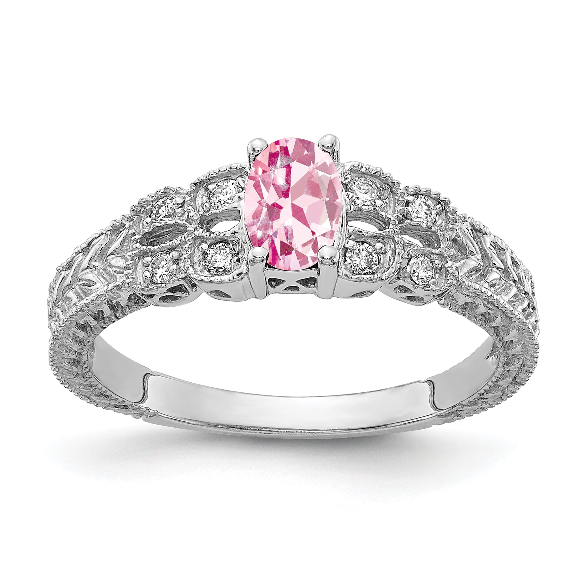 14k White Gold 6x4mm Oval Pink Tourmaline and 1/10 carat AAA Diamond Ring Y2065PT/AAA