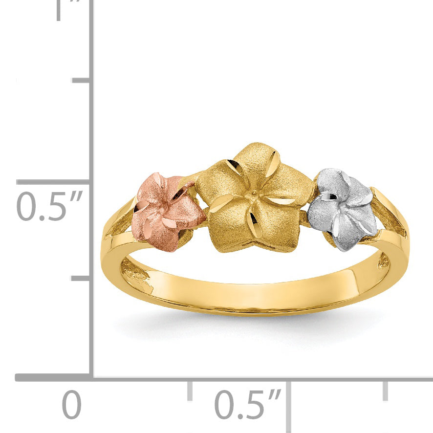 14k Tri-color Three Plumeria Flowers Ring D1889
