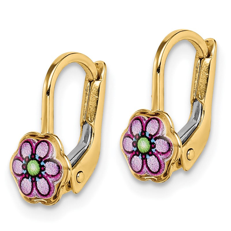 14K Enamel Flower Childrens Leverback Earrings C4787