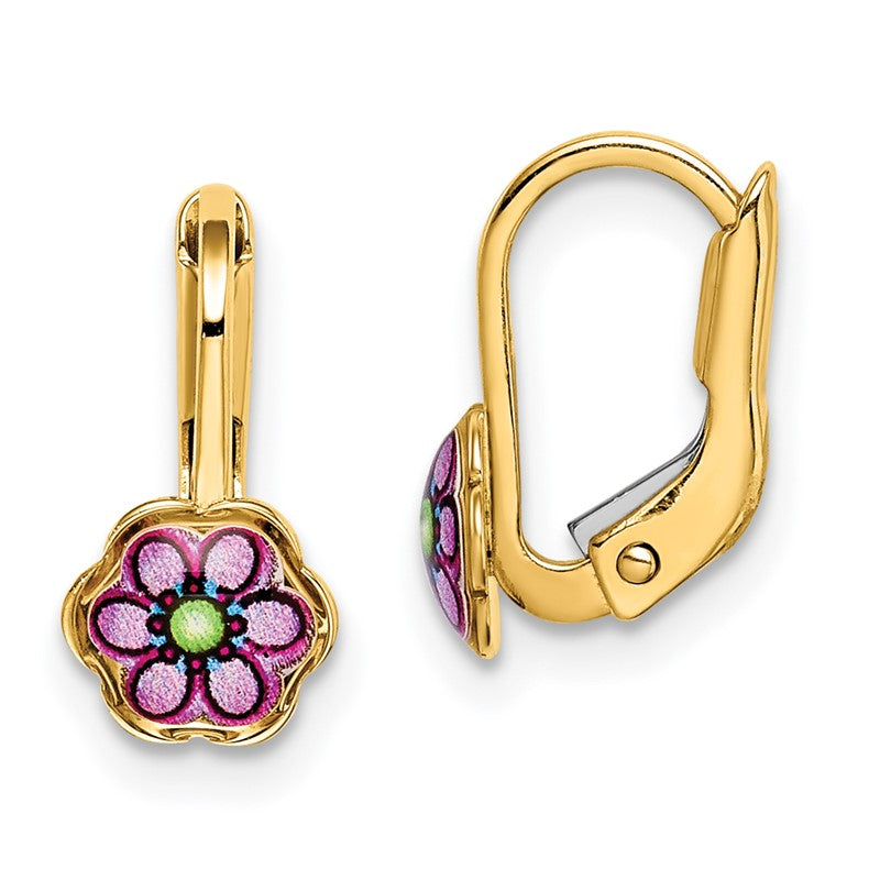 14K Enamel Flower Childrens Leverback Earrings C4787