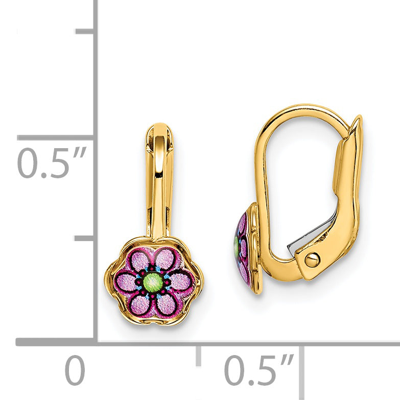 14K Enamel Flower Childrens Leverback Earrings C4787