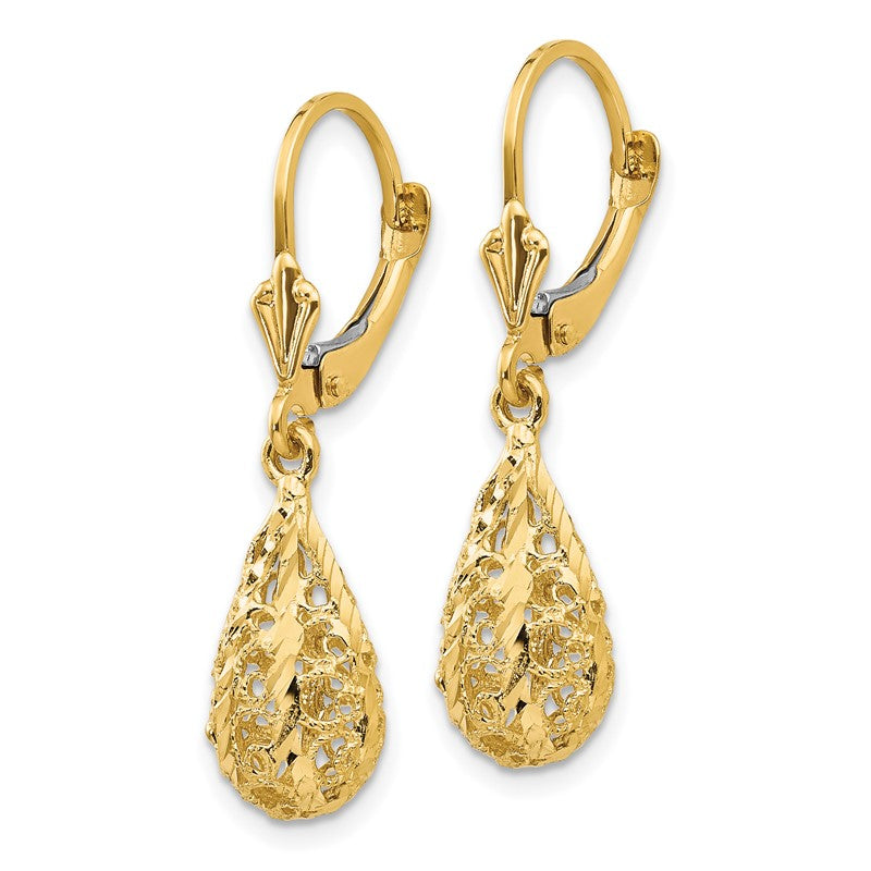 14k Polished Diamond-Cut Filigree Teardrop Dangle Leverback Earrings K116