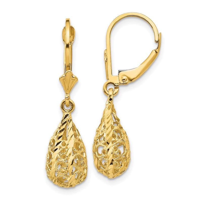 14k Polished Diamond-Cut Filigree Teardrop Dangle Leverback Earrings K116