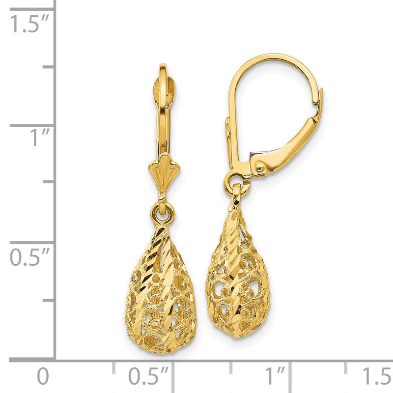 14k Polished Diamond-Cut Filigree Teardrop Dangle Leverback Earrings K116