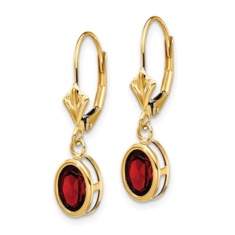 14k 7x5mm Oval Garnet Bezel Leverback Dangle Earrings XLB106GA